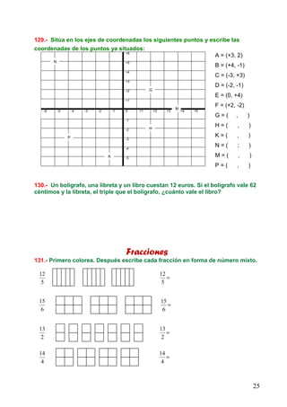 25
129.- Sitúa en los ejes de coordenadas los siguientes puntos y escribe las
coordenadas de los puntos ya situados:
A = (+3, 2)
B = (+4, -1)
C = (-3, +3)
D = (-2, -1)
E = (0, +4)
F = (+2, -2)
G = ( , )
H = ( , )
K = ( , )
N = ( ; )
M = ( , )
P = ( , )
130.- Un bolígrafo, una libreta y un libro cuestan 12 euros. Si el bolígrafo vale 62
céntimos y la libreta, el triple que el bolígrafo, ¿cuánto vale el libro?
Fracciones
131.- Primero colorea. Después escribe cada fracción en forma de número mixto.
+6
+5
+4
+3
+2
+1
-6 -5 -4 -3 -2 -1 0 +1 +2 +3 +4 +5
-1
-2
-3
-4
-5
5
12
=
5
12
6
15
=
6
15
2
13
=
2
13
4
14
=
4
14
G
H
K
N
M
P
 