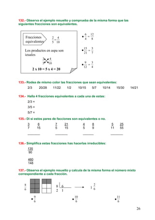 26
132.- Observa el ejemplo resuelto y comprueba de la misma forma que las
siguientes fracciones son equivalentes.
133.- Rodea de mismo color las fracciones que sean equivalentes:
2/3 20/28 11/22 1/2 10/15 5/7 10/14 15/30 14/21
134.- Halla 4 fracciones equivalentes a cada una de estas:
2/3 =
3/5 =
5/7 =
135.- Di si estos pares de facciones son equivalentes o no.
3 6 7 21 4 8 5 25
7 15 5 15 5 9 11 55
_______ _______ ______ _______
136.- Simplifica estas fracciones has hacerlas irreducibles:
135
90
460
148
137.- Observa el ejemplo resuelto y calcula de la misma forma el número mixto
correspondiente a cada fracción.
8 6
2 1
Fracciones
equivalentes 10
4
5
2
=
Los productos en aspa son
iguales
10
4
5
2
2 x 10 = 5 x 4 = 20
8
12
4
6
=
7
5
21
15
=
4
3
12
9
=
6
8
1 6
2
6
9
6
10
6
11
 