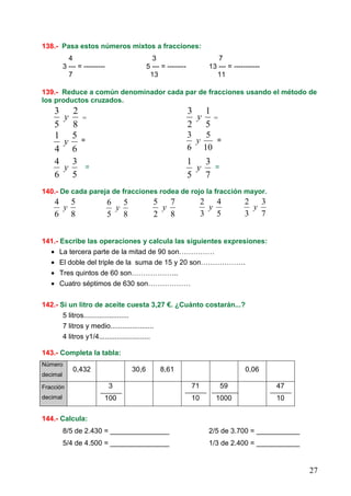 27
138.- Pasa estos números mixtos a fracciones:
4 3 7
3 --- = --------- 5 --- = -------- 13 --- = -----------
7 13 11
139.- Reduce a común denominador cada par de fracciones usando el método de
los productos cruzados.
= =
= =
= =
140.- De cada pareja de fracciones rodea de rojo la fracción mayor.
141.- Escribe las operaciones y calcula las siguientes expresiones:
• La tercera parte de la mitad de 90 son……………
• El doble del triple de la suma de 15 y 20 son……………….
• Tres quintos de 60 son………………..
• Cuatro séptimos de 630 son………………
142.- Si un litro de aceite cuesta 3,27 €. ¿Cuánto costarán...?
5 litros.......................
7 litros y medio......................
4 litros y1/4..........................
143.- Completa la tabla:
Número
decimal
0,432 30,6 8,61 0,06
Fracción
decimal
3
100
71
10
59
1000
47
10
144.- Calcula:
8/5 de 2.430 = _______________ 2/5 de 3.700 = ___________
5/4 de 4.500 = _______________ 1/3 de 2.400 = ___________
8
2
5
3
y
5
1
2
3
y
6
5
4
1
y
5
3
6
4
y
10
5
6
3
y
8
5
6
4
y
8
5
5
6
y
7
3
3
2
y
8
7
2
5
y
7
3
5
1
y
5
4
3
2
y
 