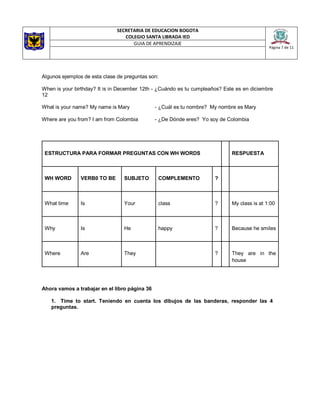 SECRETARIA DE EDUCACION BOGOTA
COLEGIO SANTA LIBRADA IED
Página 7 de 11
GUIA DE APRENDIZAJE
Algunos ejemplos de esta clase de preguntas son:
When is your birthday? It is in December 12th - ¿Cuándo es tu cumpleaños? Este es en diciembre
12
What is your name? My name is Mary - ¿Cuál es tu nombre? My nombre es Mary
Where are you from? I am from Colombia - ¿De Dónde eres? Yo soy de Colombia
ESTRUCTURA PARA FORMAR PREGUNTAS CON WH WORDS RESPUESTA
WH WORD VERB0 TO BE SUBJETO COMPLEMENTO ?
What time Is Your class ? My class is at 1:00
Why Is He happy ? Because he smiles
Where Are They ? They are in the
house
Ahora vamos a trabajar en el libro página 36
1. Time to start. Teniendo en cuenta los dibujos de las banderas, responder las 4
preguntas.
 