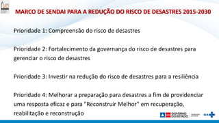 MARCO DE SENDAI PARA A REDUÇÃO DO RISCO DE DESASTRES 2015-2030
Prioridade 1: Compreensão do risco de desastres
Prioridade 2: Fortalecimento da governança do risco de desastres para
gerenciar o risco de desastres
Prioridade 3: Investir na redução do risco de desastres para a resiliência
Prioridade 4: Melhorar a preparação para desastres a fim de providenciar
uma resposta eficaz e para "Reconstruir Melhor" em recuperação,
reabilitação e reconstrução
 