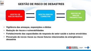 GESTÃO DE RISCO DE DESASTRES
• Vigilância das ameaças, exposições e efeitos
• Redução de riscos e vulnerabilidades
• Fortalecimento das capacidades de resposta do setor saúde e outros envolvidos
• Prevenção de novos riscos ou riscos futuros relacionados às emergências e
desastres
GESTÃO DE
RISCOS REATIVA
GESTÃO RISCOS
CORRETIVA
GESTÃO DE
RISCOS
PROSPECTIVA
 
