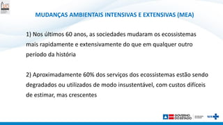 MUDANÇAS AMBIENTAIS INTENSIVAS E EXTENSIVAS (MEA)
1) Nos últimos 60 anos, as sociedades mudaram os ecossistemas
mais rapidamente e extensivamente do que em qualquer outro
período da história
2) Aproximadamente 60% dos serviços dos ecossistemas estão sendo
degradados ou utilizados de modo insustentável, com custos difíceis
de estimar, mas crescentes
 