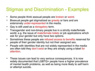 • Some people think asexual people are broken or weird.
• Bisexual people get stigmatized as greedy or liars and are
extensively under-represented in the media.
• Gay is still used as a derogatory term.
• Transgender and non-binary people live in a strictly male/female
world, e.g. the issue of male/female toilets or job applications which
ask for your gender but only have two options.
• Sometimes these people are refused access to benefits reserved for
people of their gender identity but not their assigned sex.
• People with identities that are not widely represented in the media
are often told they don’t exist or they are simply using a label for
attention.
• These issues can lead to very serious consequences. It is now
widely documented that LGBTQ+ people have a higher prevalence
of mental health problems, as well as being more likely to self harm
or attempt suicide.
Stigmas and Discrimination - Examples
 