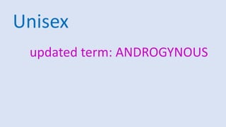 Unisex
updated term: ANDROGYNOUS
 