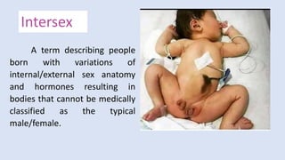 Intersex
A term describing people
born with variations of
internal/external sex anatomy
and hormones resulting in
bodies that cannot be medically
classified as the typical
male/female.
 