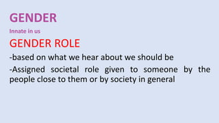 GENDER
Innate in us
GENDER ROLE
-based on what we hear about we should be
-Assigned societal role given to someone by the
people close to them or by society in general
 