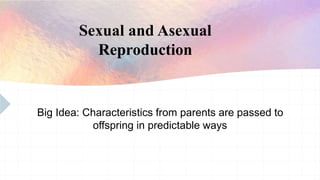Big Idea: Characteristics from parents are passed to
offspring in predictable ways
Sexual and Asexual
Reproduction
 