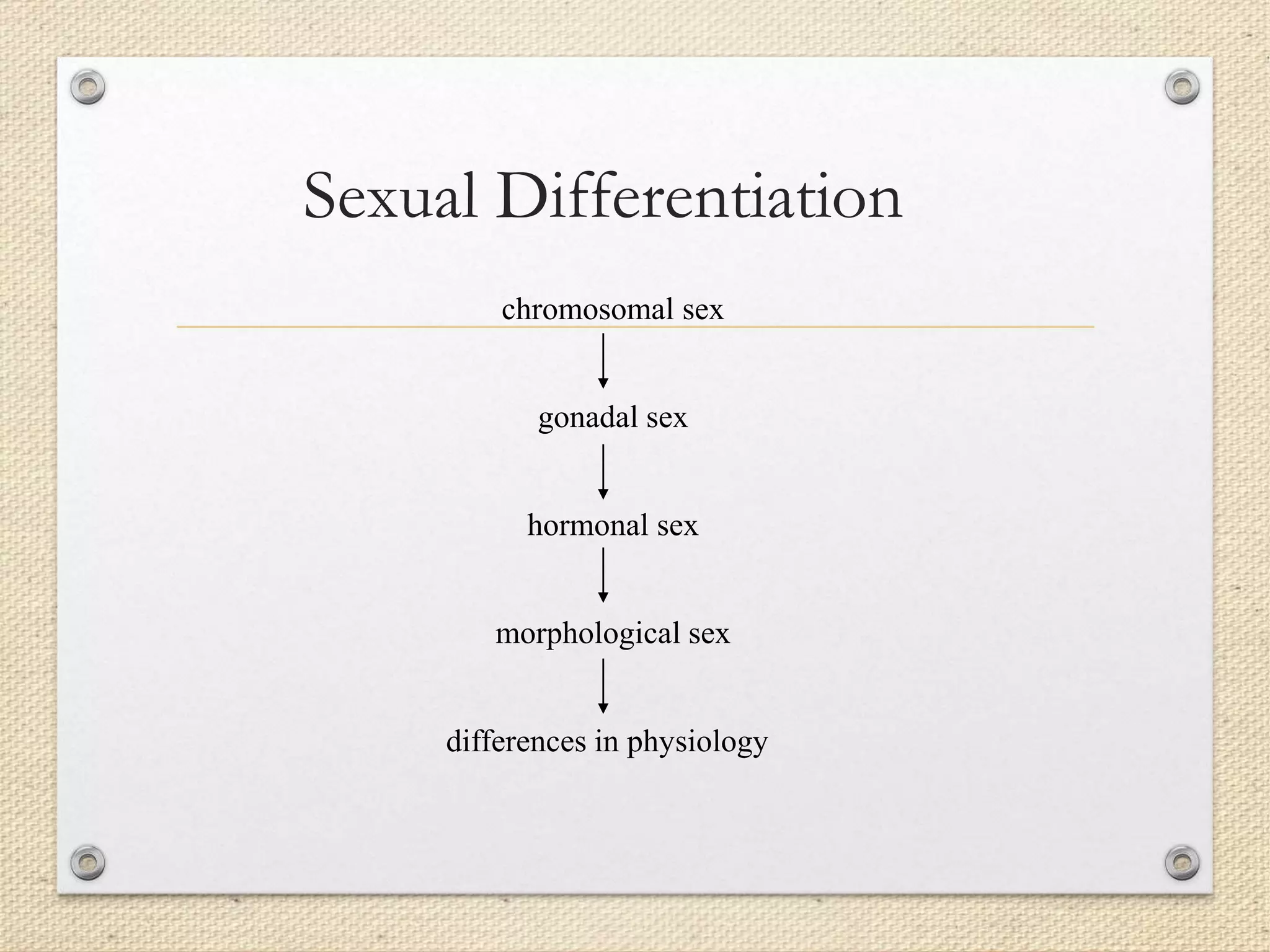 Sexual Differentiation
chromosomal sex
gonadal sex
hormonal sex
morphological sex
differences in physiology
 