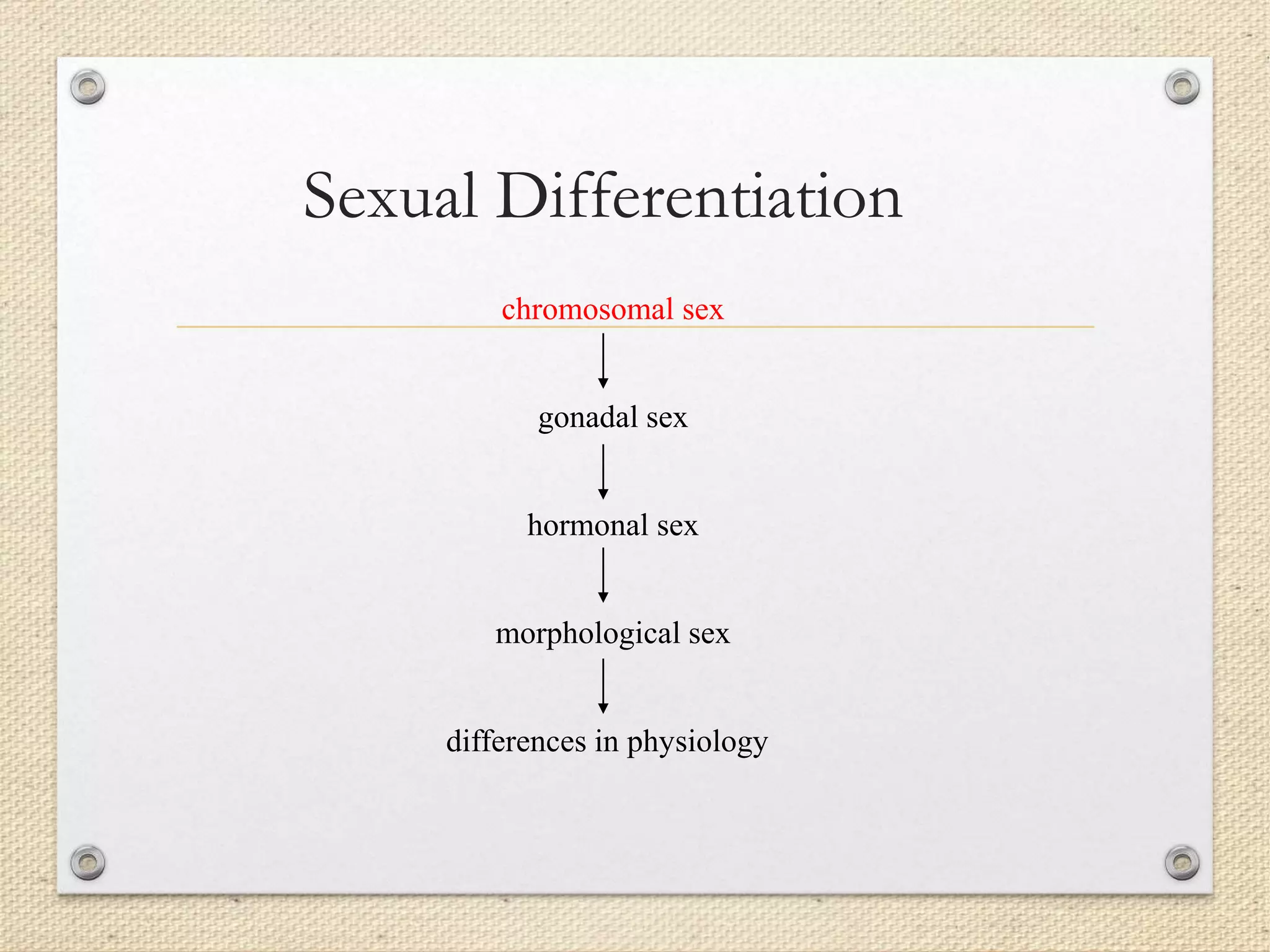 Sexual Differentiation
chromosomal sex
gonadal sex
hormonal sex
morphological sex
differences in physiology
 