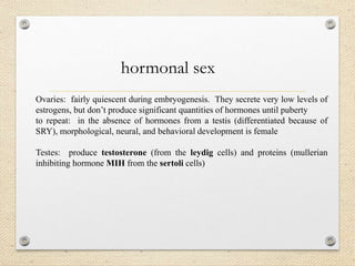 Ovaries: fairly quiescent during embryogenesis. They secrete very low levels of
estrogens, but don’t produce significant quantities of hormones until puberty
to repeat: in the absence of hormones from a testis (differentiated because of
SRY), morphological, neural, and behavioral development is female
Testes: produce testosterone (from the leydig cells) and proteins (mullerian
inhibiting hormone MIH from the sertoli cells)
hormonal sex
 