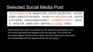 Selected Social Media Post
A girl named Yan wants to prepare for the doctoral examination, but
her family and boyfriend disagree with her decision. They think her
education degree should not be higher than her boyfriend’s, otherwise,
her relationship with her boyfriend will not be happy. "
 