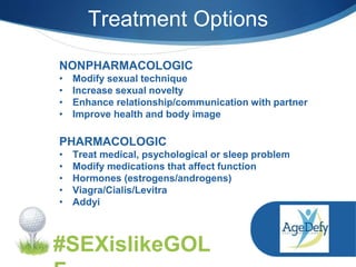 Treatment Options
NONPHARMACOLOGIC
• Modify sexual technique
• Increase sexual novelty
• Enhance relationship/communication with partner
• Improve health and body image
PHARMACOLOGIC
• Treat medical, psychological or sleep problem
• Modify medications that affect function
• Hormones (estrogens/androgens)
• Viagra/Cialis/Levitra
• Addyi
#SEXislikeGOL
 