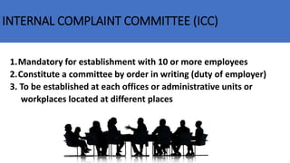 INTERNAL COMPLAINT COMMITTEE (ICC)
1.Mandatory for establishment with 10 or more employees
2.Constitute a committee by order in writing (duty of employer)
3. To be established at each offices or administrative units or
workplaces located at different places
 