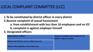 LOCAL COMPLAINT COMMITTEE (LCC)
1.To be constituted by district officer in every district
2.Receive complaint of sexual harassment
a. from establishment with less than 10 employees and no ICC
b. complaint is against employer himself
3. Designated officers
Nodal officer in Block Receive complaint and forward to LCC
Within 7 days of receipt
Taluka and Tchsil in rural or tribal area and
Ward or Municipality in the urban area
 