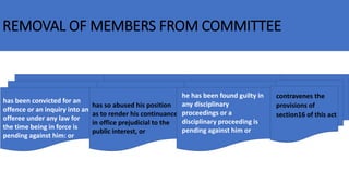 REMOVAL OF MEMBERS FROM COMMITTEE
has been convicted for an
offence or an inquiry into an
offeree under any law for
the time being in force is
pending against him: or
has so abused his position
as to render his continuance
in office prejudicial to the
public interest, or
he has been found guilty in
any disciplinary
proceedings or a
disciplinary proceeding is
pending against him or
contravenes the
provisions of
section16 of this act
 