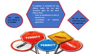 Fine which
may extend to
Rs. 50,000/-
If employer is conceited for any
offence under this act, gets
convicted again for the same
offence them:
• Twice of punishment to that of
previous one
• Cancellation of business
registration
All the offence
under this act are
non cognizable
 