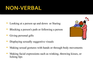 Looking at a person up and down  or Staring Blocking a person's path or following a person Giving personal gifts Displaying sexually suggestive visuals Making sexual gestures with hands or through body movements Making facial expressions such as winking, throwing kisses, or licking lips 