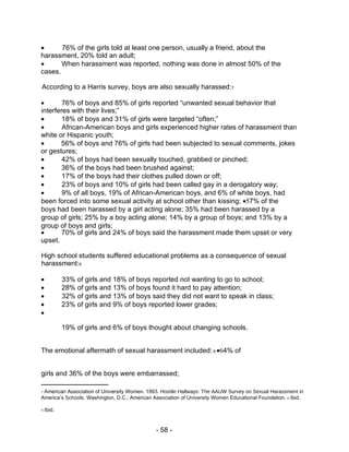  76% of the girls told at least one person, usually a friend, about the  harassment, 20% told an adult;   When harassment was reported, nothing was done in almost 50% of the  cases.  According to a Harris survey, boys are also sexually harassed: 7   76% of boys and 85% of girls reported “unwanted sexual behavior that  interferes with their lives;”   18% of boys and 31% of girls were targeted “often;”   African-American boys and girls experienced higher rates of harassment than  white or Hispanic youth;   56% of boys and 76% of girls had been subjected to sexual comments, jokes  or gestures;   42% of boys had been sexually touched, grabbed or pinched;   36% of the boys had been brushed against;   17% of the boys had their clothes pulled down or off;   23% of boys and 10% of girls had been called gay in a derogatory way;   9% of all boys, 19% of African-American boys, and 6% of white boys, had been forced into some sexual activity at school other than kissing;   7% of the boys had been harassed by a girl acting alone; 35% had been harassed by a group of girls; 25% by a boy acting alone; 14% by a group of boys; and 13% by a group of boys and girls;   70% of girls and 24% of boys said the harassment made them upset or very  upset.  High school students suffered educational problems as a consequence of sexual  harassment: 8   33% of girls and 18% of boys reported not wanting to go to school;   28% of girls and 13% of boys found it hard to pay attention;   32% of girls and 13% of boys said they did not want to speak in class;   23% of girls and 9% of boys reported lower grades;   19% of girls and 6% of boys thought about changing schools. The emotional aftermath of sexual harassment included:  9   4% of girls and 36% of the boys were embarrassed;  7  American Association of University Women. 1993.  Hostile Hallways: The AAUW Survey on Sexual Harassment in  America’s  Schools.  Washington, D.C.: American Association of University Women Educational Foundation.  8  Ibid.  9  Ibid.  - 58 -  
