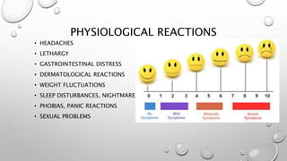 PHYSIOLOGICAL REACTIONS
• HEADACHES
• LETHARGY
• GASTROINTESTINAL DISTRESS
• DERMATOLOGICAL REACTIONS
• WEIGHT FLUCTUATIONS
• SLEEP DISTURBANCES, NIGHTMARES
• PHOBIAS, PANIC REACTIONS
• SEXUAL PROBLEMS
 