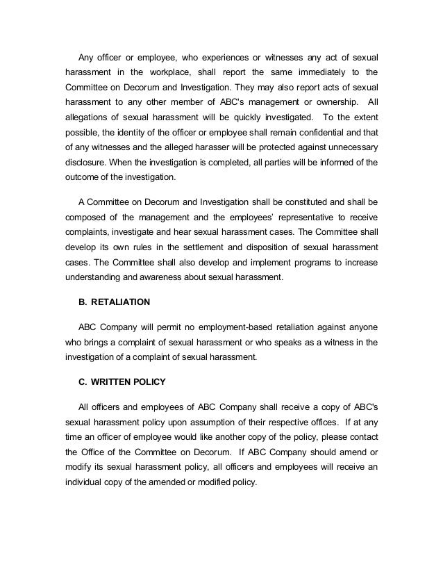 sexual harassment company policy form sexual harassment form