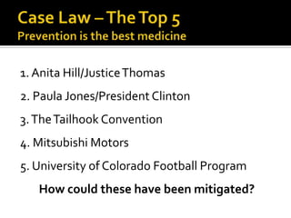 1. Anita Hill/Justice Thomas
2. Paula Jones/President Clinton
3. The Tailhook Convention
4. Mitsubishi Motors
5. University of Colorado Football Program
   How could these have been mitigated?
 