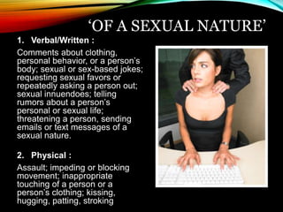 ‘OF A SEXUAL NATURE’ 
1. Verbal/Written : 
Comments about clothing, 
personal behavior, or a person’s 
body; sexual or sex-based jokes; 
requesting sexual favors or 
repeatedly asking a person out; 
sexual innuendoes; telling 
rumors about a person’s 
personal or sexual life; 
threatening a person, sending 
emails or text messages of a 
sexual nature. 
2. Physical : 
Assault; impeding or blocking 
movement; inappropriate 
touching of a person or a 
person’s clothing; kissing, 
hugging, patting, stroking 
 