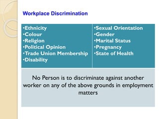 •Ethnicity
•Colour
•Religion
•Political Opinion
•Trade Union Membership
•Disability
•Sexual Orientation
•Gender
•Marital Status
•Pregnancy
•State of Health
No Person is to discriminate against another
worker on any of the above grounds in employment
matters
Workplace Discrimination
 
