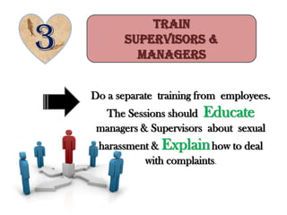 Train
Supervisors &
Managers
3
Do a separate training from employees.
The Sessions should Educate
managers & Supervisors about sexual
harassment & Explainhow to deal
with complaints.
 