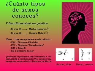 ¿Cuánto tipos de sexos conoces? 1º Sexo Cromosómico o genético -Si eres XY  Macho, Hombre ( ♂ )  -Si eres XX  Hembra, Mujer ( ♀ ) Pero… Hay excepciones a este criterio… -XXY o Síndrome Klinefelter -XYY o Síndrome “Superhombre” -XXX o Triple X -XO o Síndrome Turner ¿Entonces la presencia del cromosoma Y  es equivalente a hombre/varón?No, también hay excepción a este criterio: Síndrome de Morris. Hembra, Mujer Macho, Hombre 