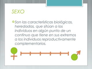 SEXO
 Son las características biológicas,
 heredadas, que sitúan a los
 individuos en algún punto de un
 continuo que tiene en sus extremos
 a los individuos reproductivamente
 complementarios.
 