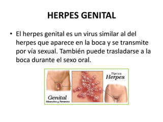 HERPES GENITAL
• El herpes genital es un virus similar al del
herpes que aparece en la boca y se transmite
por vía sexual. También puede trasladarse a la
boca durante el sexo oral.

 
