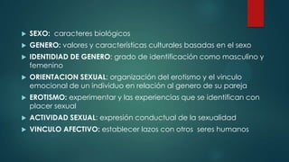  SEXO: caracteres biológicos
 GENERO: valores y características culturales basadas en el sexo
 IDENTIDIAD DE GENERO: grado de identificación como masculino y
femenino
 ORIENTACION SEXUAL: organización del erotismo y el vinculo
emocional de un individuo en relación al genero de su pareja
 EROTISMO: experimentar y las experiencias que se identifican con
placer sexual
 ACTIVIDAD SEXUAL: expresión conductual de la sexualidad
 VINCULO AFECTIVO: establecer lazos con otros seres humanos
 