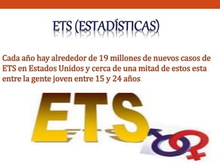 Cada año hay alrededor de 19 millones de nuevos casos de 
ETS en Estados Unidos y cerca de una mitad de estos esta 
entre la gente joven entre 15 y 24 años 
 