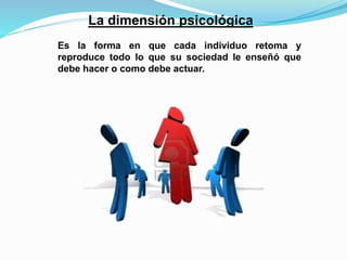La dimensión psicológica 
Es la forma en que cada individuo retoma y 
reproduce todo lo que su sociedad le enseñó que 
debe hacer o como debe actuar. 
 