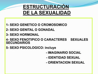 ESTRUCTURACIÓN 
DE LA SEXUALIDAD 
1- SEXO GENETICO O CROMOSOMICO 
2- SEXO GENITAL O GONADAL 
3- SEXO HORMONAL 
4- SEXO FENOTIPICO O CARACTERES SEXUALES 
SECUNDARIOS 
5- SEXO PSICOLOGICO: incluye 
- IMAGINARIO SOCIAL 
- IDENTIDAD SEXUAL 
- ORIENTACION SEXUAL 
 