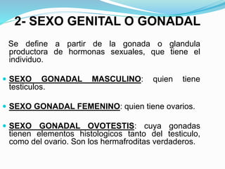 2- SEXO GENITAL O GONADAL 
Se define a partir de la gonada o glandula 
productora de hormonas sexuales, que tiene el 
individuo. 
 SEXO GONADAL MASCULINO: quien tiene 
testiculos. 
 SEXO GONADAL FEMENINO: quien tiene ovarios. 
 SEXO GONADAL OVOTESTIS: cuya gonadas 
tienen elementos histologicos tanto del testiculo, 
como del ovario. Son los hermafroditas verdaderos. 
 
