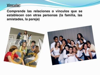 Vincular: 
Comprende las relaciones o vínculos que se 
establecen con otras personas (la familia, las 
amistades, la pareja) 
 