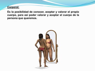 Corporal: 
Es la posibilidad de conocer, aceptar y valorar el propio 
cuerpo, para así poder valorar y aceptar el cuerpo de la 
persona que queremos. 
 