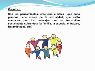 Cognitivo: 
Son los pensamientos, creencias e ideas que cada 
persona tiene acerca de la sexualidad, que están 
marcados por los mensajes que se transmiten 
socialmente sobre ésta (la familia, la escuela, el trabajo, 
las amistades, etc.) 
 