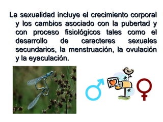 La sexualidad incluye el crecimiento corporalLa sexualidad incluye el crecimiento corporal
y los cambios asociado con la pubertad yy los cambios asociado con la pubertad y
con proceso fisiológicos tales como elcon proceso fisiológicos tales como el
desarrollo de caracteres sexualesdesarrollo de caracteres sexuales
secundarios, la menstruación, la ovulaciónsecundarios, la menstruación, la ovulación
y la eyaculación.y la eyaculación.
 