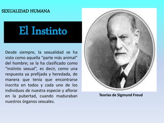 Teorías de Sigmund Freud
SEXUALIDAD HUMANA
Desde siempre, la sexualidad se ha
visto como aquella “parte más animal”
del hombre; se la ha clasificado como
“instinto sexual”, es decir, como una
respuesta ya prefijada y heredada, de
manera que tenía que encontrarse
inscrita en todos y cada uno de los
individuos de nuestra especie y aflorar
en la pubertad, cuando maduraban
nuestros órganos sexuales.
 