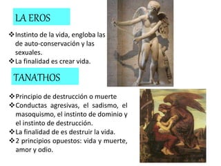 Instinto de la vida, engloba las
de auto-conservación y las
sexuales.
La finalidad es crear vida.
LA EROS
TANATHOS
Principio de destrucción o muerte
Conductas agresivas, el sadismo, el
masoquismo, el instinto de dominio y
el instinto de destrucción.
La finalidad de es destruir la vida.
2 principios opuestos: vida y muerte,
amor y odio.
 