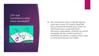 ¿Por qué
necesitamos saber
sobre sexualidad?  Para conocernos mejor y entender algunas
cosas que ocurren con nuestro desarrollo
físico y emocional, también para contar con
información que nos permita tomar
decisiones responsables y disfrutar de nuestra
sexualidad. de esta manera tenemos la
posibilidad de orientar a nuestros hijos e hijas
y a otras personas que nos rodean.
 