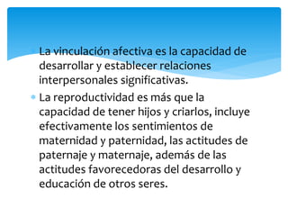 La vinculación afectiva es la capacidad de
desarrollar y establecer relaciones
interpersonales significativas.
La reproductividad es más que la
capacidad de tener hijos y criarlos, incluye
efectivamente los sentimientos de
maternidad y paternidad, las actitudes de
paternaje y maternaje, además de las
actitudes favorecedoras del desarrollo y
educación de otros seres.

 