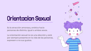 Orientacion Sexual
Es la atracción amorosa y erótica hacia
personas de distinto, igual o ambos sexos.
La orientación sexual no es una elección y está
por siempre presente en la vida de las personas,
expresen o no sus gustos.
 