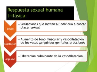 Respuesta sexual humana
trifásica
deseo
• Sensaciones que incitan al individuo a buscar
placer sexual
Excitación
• Aumento de tono muscular y vasodilatación
de los vasos sanguíneos genitales;erecciones
orgasmo
• Liberacion culminante de la vasodilatacion
 