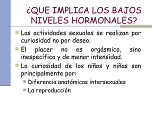 ¿QUE IMPLICA LOS BAJOS NIVELES HORMONALES? Las actividades sexuales se realizan por curiosidad no por deseo. El placer no es orgásmico, sino inespecífico y de menor intensidad. La curiosidad de los niños y niñas son principalmente por: Diferencia anatómicas intersexuales La reproducción 