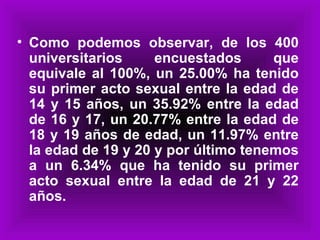 Como podemos observar, de los 400 universitarios encuestados que equivale al 100%, un 25.00% ha tenido su primer acto sexual entre la edad de 14 y 15 años, un 35.92% entre la edad de 16 y 17, un 20.77% entre la edad de 18 y 19 años de edad, un 11.97% entre la edad de 19 y 20 y por último tenemos a un 6.34% que ha tenido su primer acto sexual entre la edad de 21 y 22 años. 