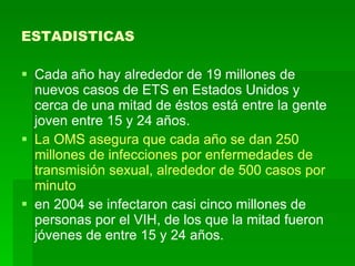 ESTADISTICAS Cada año hay alrededor de 19 millones de nuevos casos de ETS en Estados Unidos y cerca de una mitad de éstos está entre la gente joven entre 15 y 24 años.  La OMS asegura que cada año se dan 250 millones de infecciones por enfermedades de transmisión sexual, alrededor de 500 casos por minuto   en 2004 se infectaron casi cinco millones de personas por el VIH, de los que la mitad fueron jóvenes de entre 15 y 24 años.  